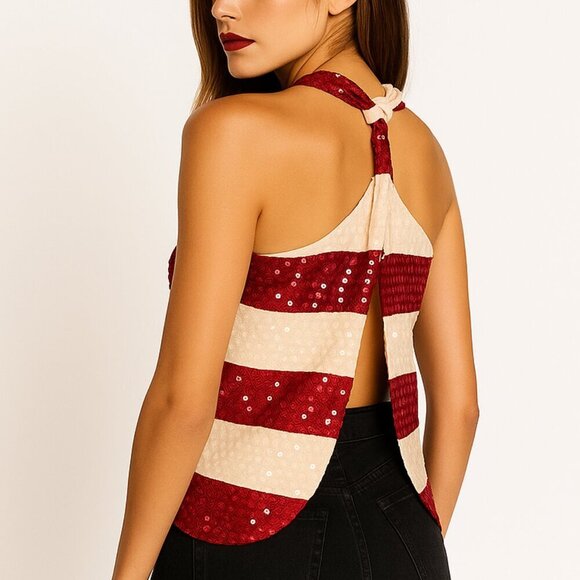 Judith March Sequin Twist Knot Back Tank Top Red & Ivory Cream